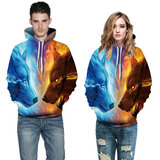 Long Sleeve Pullover Ice And Fire Wolf Print Hoodie