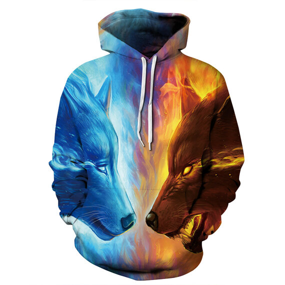 Long Sleeve Pullover Ice And Fire Wolf Graphic Hoodie