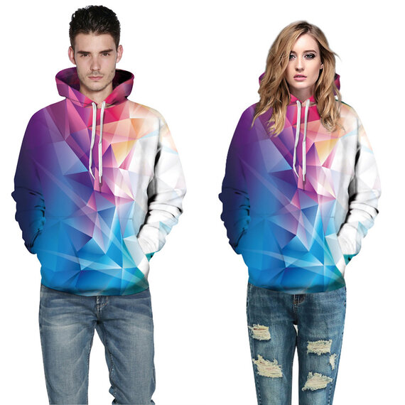 Blue Red Prismatic Print Pullover Hoodie For Women And Men
