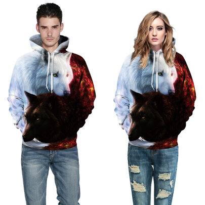 Long Sleeve Cool White And Grey Wolves At Starry Night Print Hoodie For Unisex
