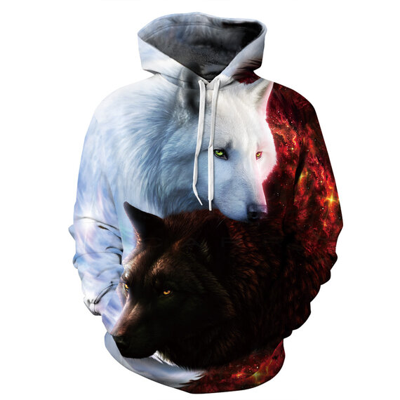Long Sleeve Fashion White And Grey Wolves At Starry Night Print Hoodie For Women and Men