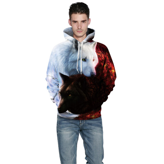 Long Sleeve Cool White And Grey Wolves Print Hoodie For Unisex