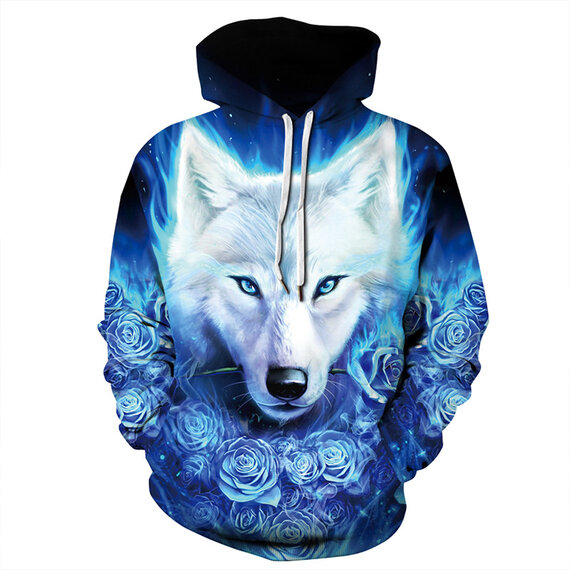 Fashion White Rose And Wolf Graphic Hoodie For Unisex