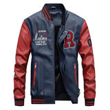 Mens Casual Stand-up Collar Motorcycle PU Leather Jacket Baseball Coat Navy Blue
