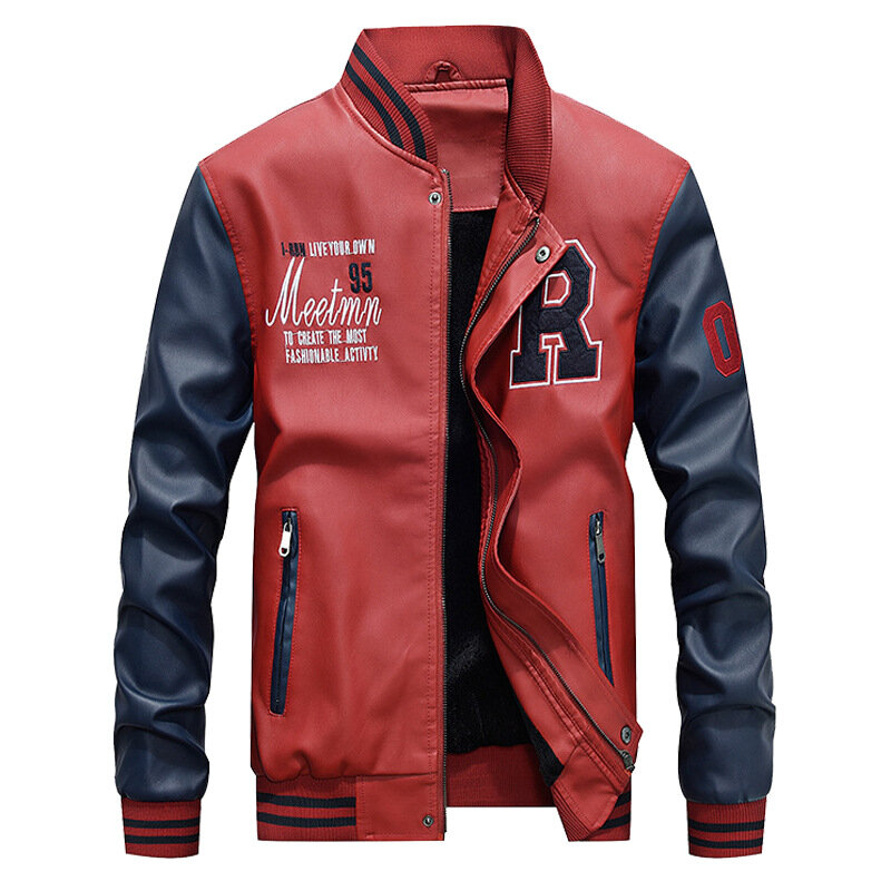 Red Motorcycle Jacket Men’s Zipper Casual Winter PU Leather Coat - PKAWAY