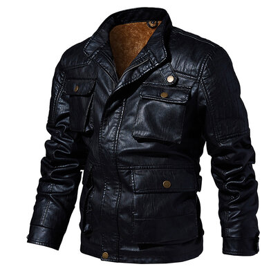 Men Biker Retro Black Zip-Up Stand Collar Motorcycle Faux Leather Jacket