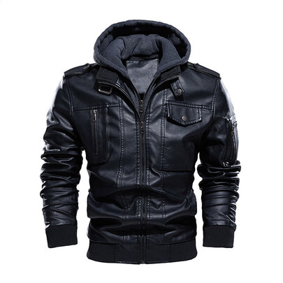 Hood Crew Men’s Casual Stand Collar PU Faux Leather Zip-Up Motorcycle Bomber Jacket With a Removable Hood Black