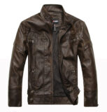 Men's Zip-up Stand Collar faux Leather Jacket Motorcycle Lightweight Faux Leather Outwear Brown