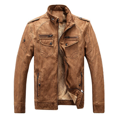 Men's Vintage Stand Collar Pu Leather Jacket Warm Winter Coat Brown