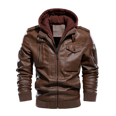 Brown Mens Motorcycle Faux Leather Jacket With Removable Hood zipper-up