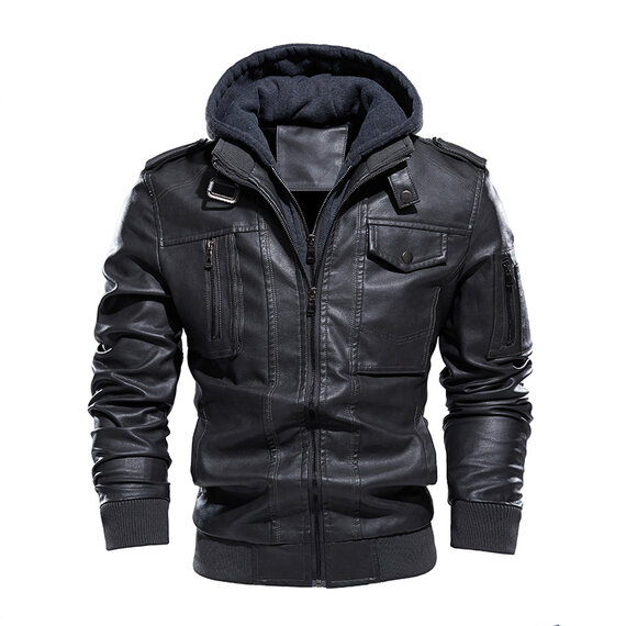 Men Grey Zip-Up Faux Leather Motorcycle Jacket with Removable Hood