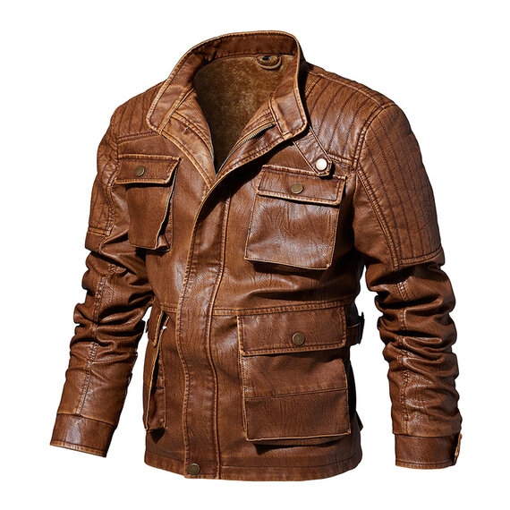 Men's Faux Leather Jacket Winter Warm Fleece Lined Motorcycle Bomber Jackets Khaki