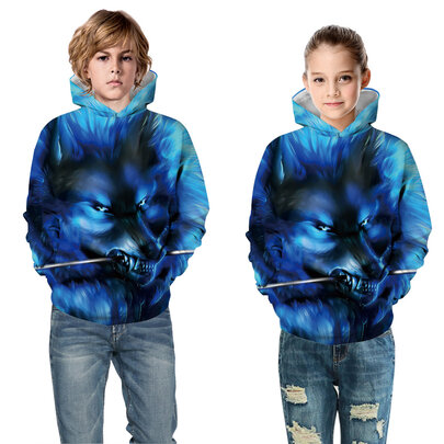 Wolf Print Pullover Hoodie For Kids