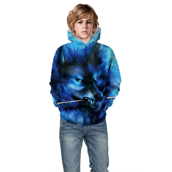 Wolf Print Pullover Hoodie For Girls