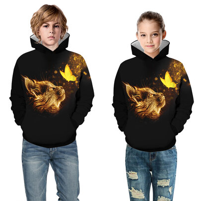 Lovely Cat And Butterfly Graphic Hoodie For Children