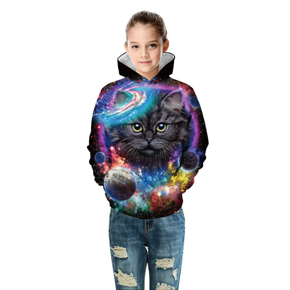 Lovely Cat And Universe Print Hoodie For Kids