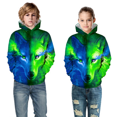 Green Blue Wolf Graphic Pullover Hoodie For Kids
