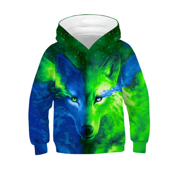 Green Blue Wolf Graphic Pullover Hoodie For Children