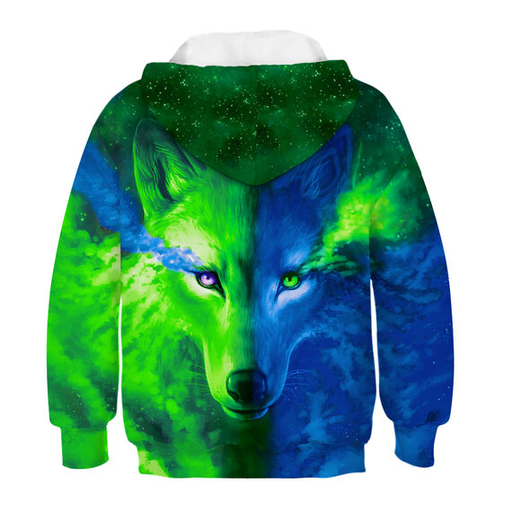 Green Blue Wolf Graphic Pullover Hoodie For Boys