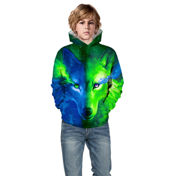 Green Blue Wolf Graphic Pullover Hoodie For Girls