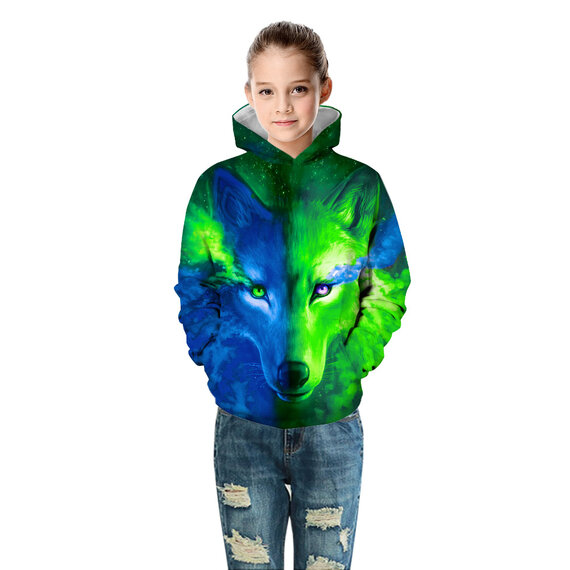 Green Blue Wolf Print Pullover Hoodie For Kids