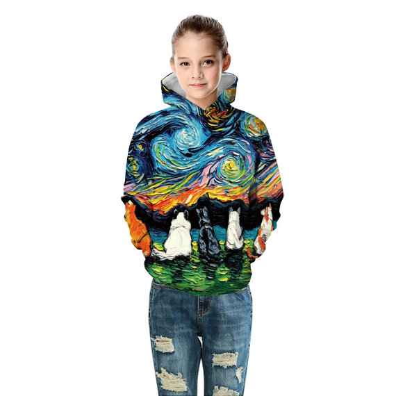Lovely Cats Under Starry Night Graphic Hoodie For Kids