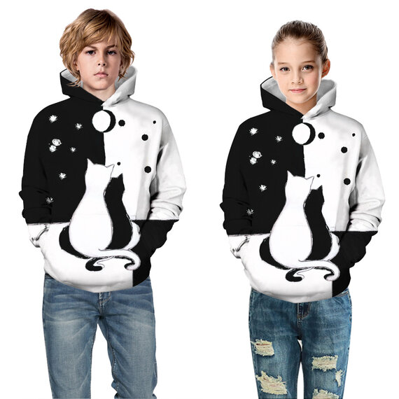 Black And White Cats Graphic Pullover Hoodie For Children