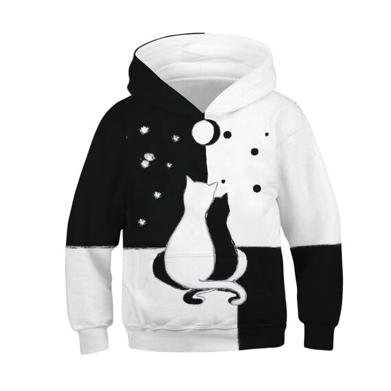 Black And White Cats Print Pullover Hoodie For Kids