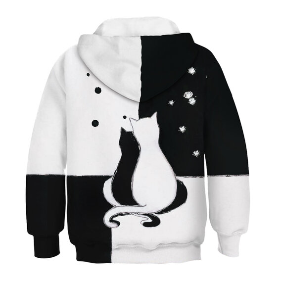 Black And White Cats Graphic Pullover Hoodie For Boys