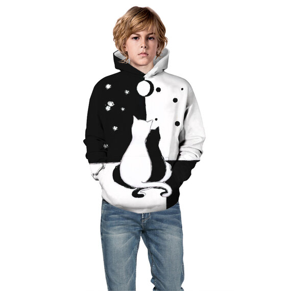Black And White Cats Graphic Pullover Hoodie For Girls