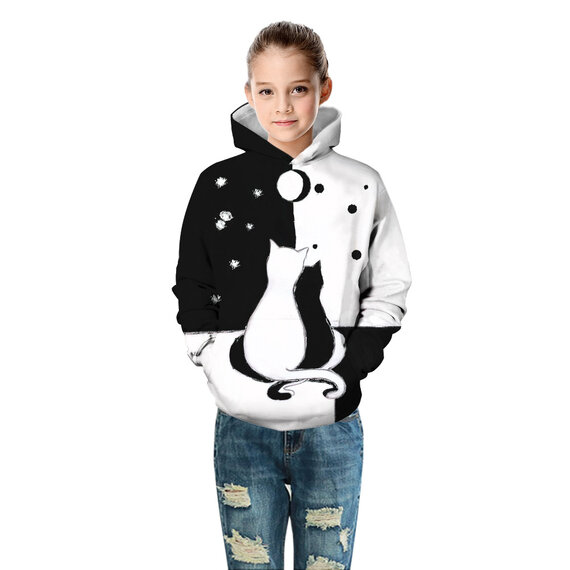 Black And White Cats Print Pullover Hoodie For Children
