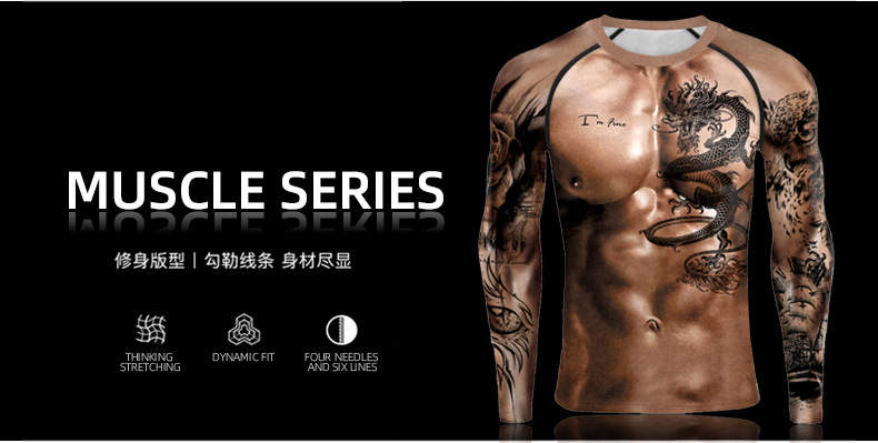 Fake Muscle Dragon Print Shirt Long Sleeve
