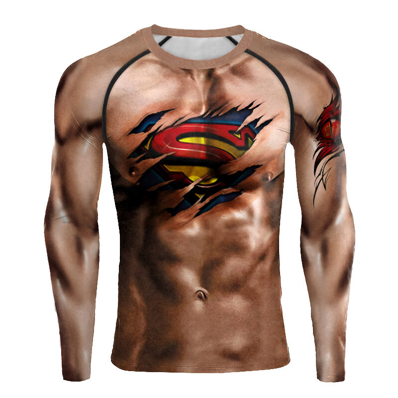 Cool Fake Muscle Superman Logo Workout Tee Long Sleeve