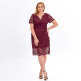 Overweight Lady Plus Size Elegant Floral Lace Short Sleeve Wedding Guest A-line Cocktail Dress - Wine Red