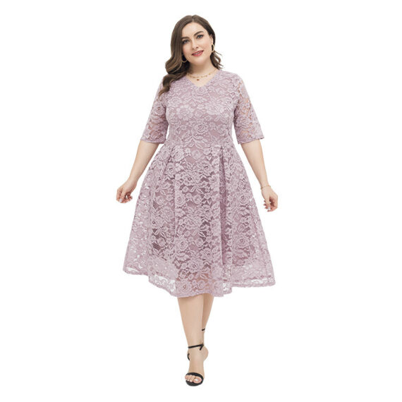 Womens Floral lace Plus Size Midi Dress V-neck Cocktail Party Dresses Pink