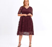 Fat Women Plus Size Lace Cold Shoulder Evening Party Swing Dress Wine Red