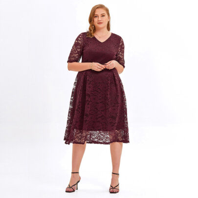 Fat Women Plus Size Lace Cold Shoulder Evening Party Swing Dress Wine Red