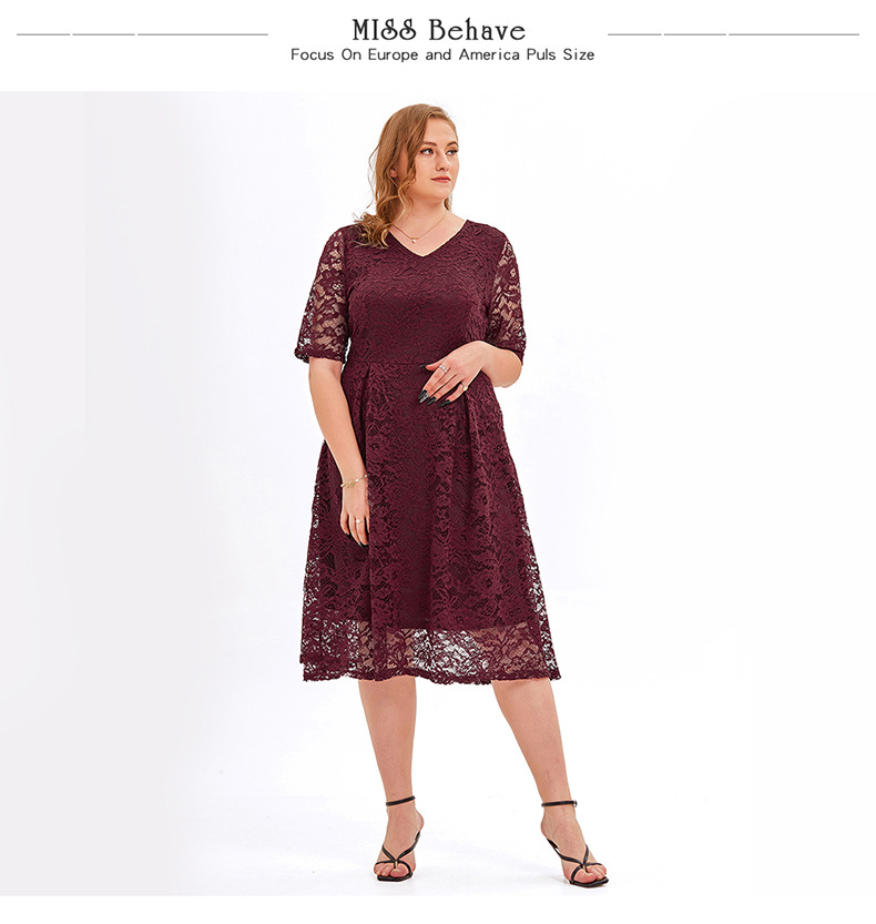 Overweight Women's Elegant Lace Embroidery Plus Size Flared A-Line Swing Casual Party Cocktail Dresses Wine Red Half Sleeves 