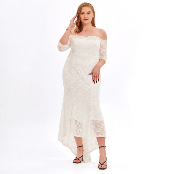 Women Plus Size Lace Bridesmaid Dress - White