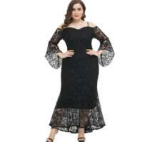 Ladies Pluse Size Long Sleeve Floral Lace Off Shoulder Wedding Mermaid Dress - Black