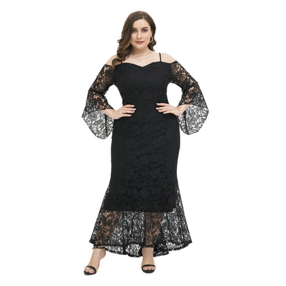 Ladies Pluse Size Long Sleeve Floral Lace Off Shoulder Wedding Mermaid Dress - Black