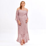 Chubby Lady Pluse Size Long Sleeve Floral Lace Off Shoulder Wedding Mermaid Dress - Pink