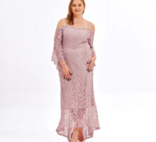 Chubby Lady Pluse Size Long Sleeve Floral Lace Off Shoulder Wedding Mermaid Dress - Pink