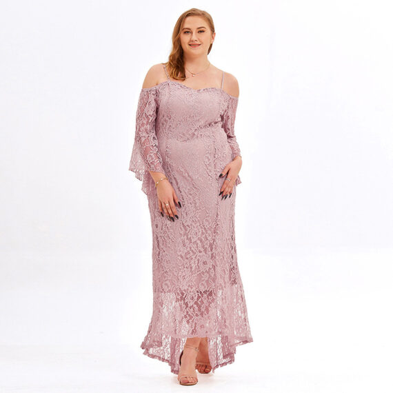 Chubby Lady Pluse Size Long Sleeve Floral Lace Off Shoulder Wedding Mermaid Dress - Pink