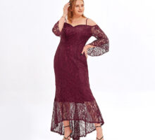 Chubby Women Plus Size Long Sleeve Floral Lace Off Shoulder Wedding Mermaid Dress - Wine Red