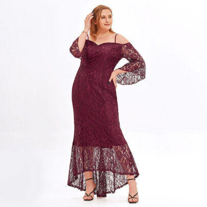 Chubby Women Plus Size Long Sleeve Floral Lace Off Shoulder Wedding Mermaid Dress - Wine Red