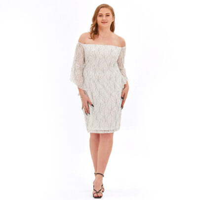 Plus Size Women Vintage Lace Off Shoulder Elegant Swing Dresses Sexy Mini Dress for Party Cocktail Wedding White