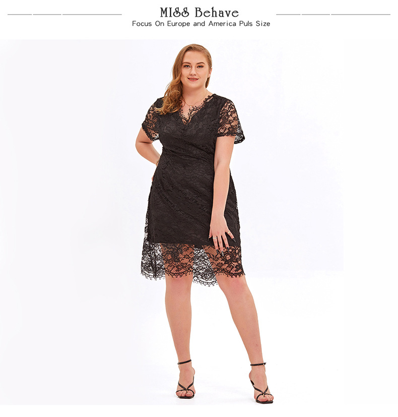 Fat Women's Elegant Floral Lace Short Sleeve Wedding Guest A-line Party Dress - Black