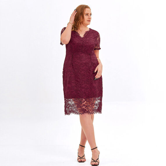 Chubby Lady Plus Size Elegant Floral Lace Short Sleeve Wedding Guest A-line Cocktail Dress - Wine Red
