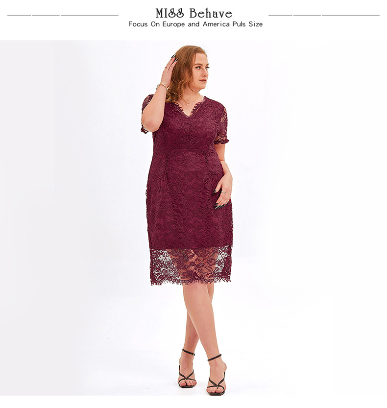 Wine Red overweight Women's Plunging V Neck elegant Floral Lace A-line Dress